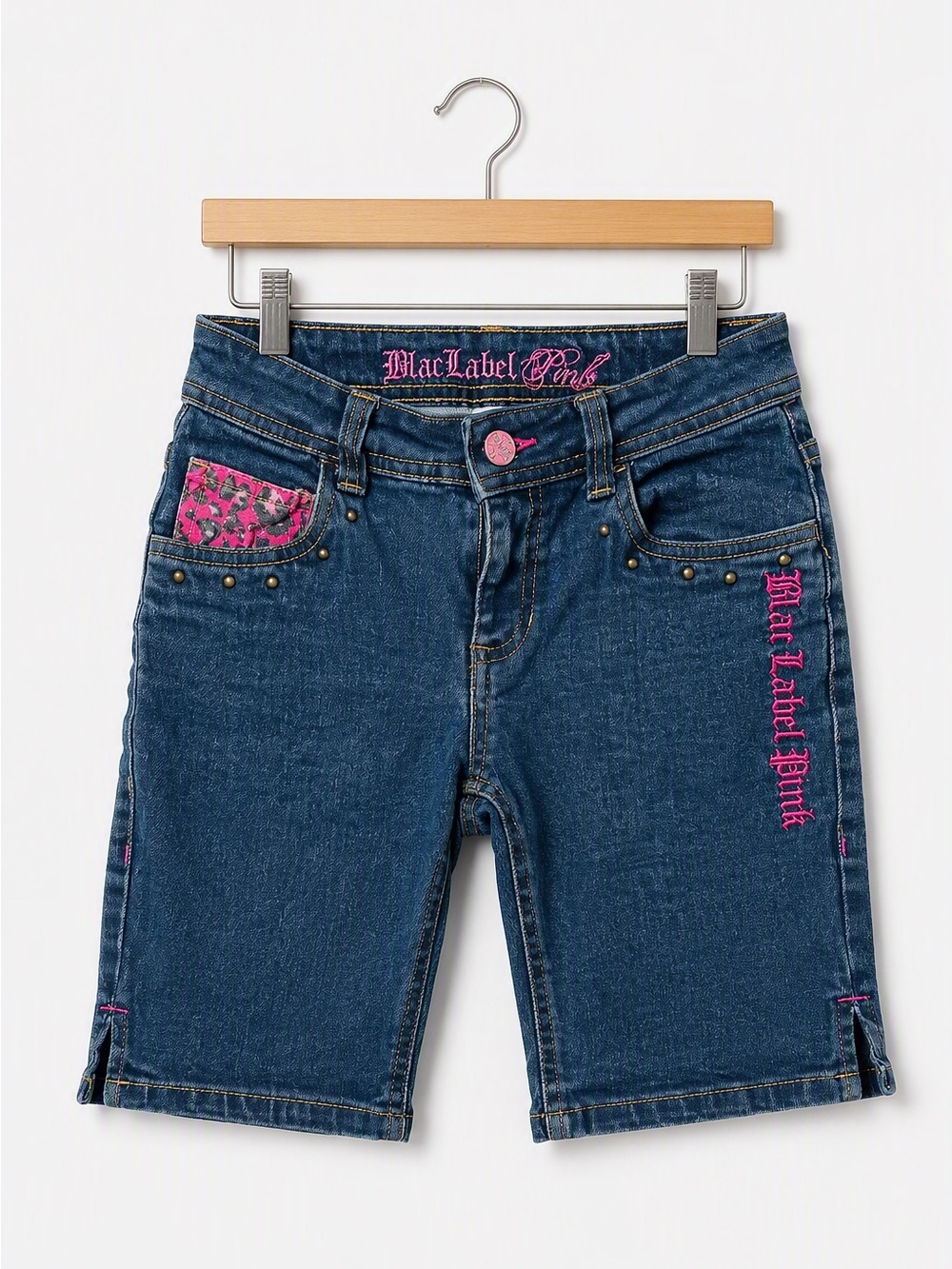 Black Label Pink Girls Y2K Denim Bermuda Shorts Pink Leopard Print Mcbling 10Y